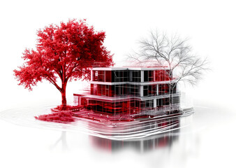 A red tree in front of a building on a white background