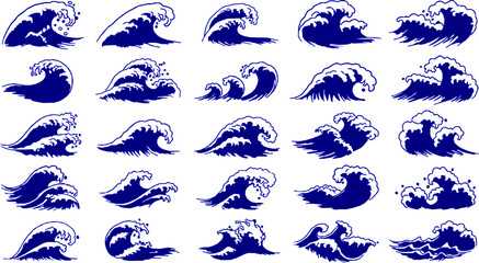 Asian japanese or chinese sea waves, vector oriental art. Vintage asian waves with ocean and sea water flow texture. Blue line splashes and tsunami surf with water swirls and ripples pattern