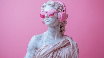 Marble Statue Wearing Pink Sunglasses and Headphones