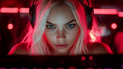 Blonde Female Gamer Playing on a PC