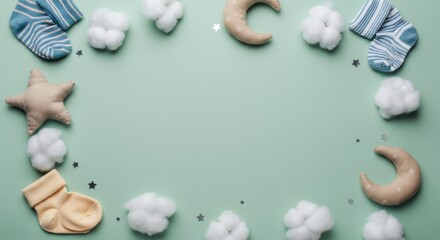 Baby socks, plush toys, and cotton balls on green background