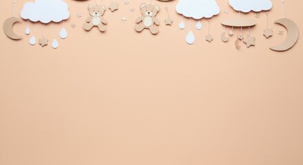 Baby nursery decorations with bears, clouds, stars, and moon on soft beige background