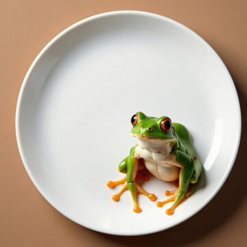 Elegant frog sitting on a white plate, looking directly at the camera, food, elegant, frog
