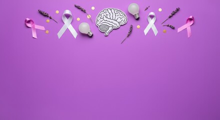 Brain health and cancer awareness concept with ribbons light bulbs on purple background
