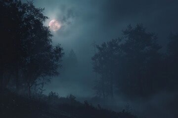 Obraz premium Mysterious forest illuminated by sunlight breaking through fog during early morning hours