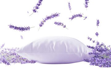 A tranquil lavender pillow surrounded by floating lavender sprigs evokes relaxation and charm isolated on transparent background