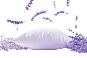 A tranquil lavender pillow surrounded by floating lavender sprigs evokes relaxation and charm isolated on transparent background