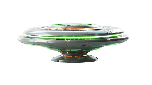 Futuristic UFO Spaceship Isolated on White Background &ndash; Sci-Fi Alien Flying Saucer with Green Lights