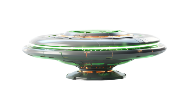 Futuristic UFO Spaceship Isolated on White Background – Sci-Fi Alien Flying Saucer with Green Lights
