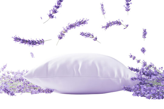 A tranquil lavender pillow surrounded by floating lavender sprigs evokes relaxation and charm isolated on transparent background