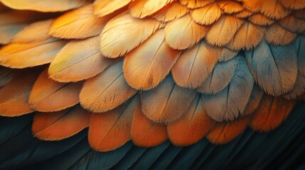 Fototapeta premium Close-up of vibrant bird feathers with orange and blue hues, detailed texture
