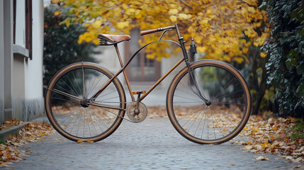 Fototapeta premium Vintage Bicycle on Autumn Path: A classic vintage bicycle stands poised on a pathway, surrounded by the vibrant hues of autumn foliage. The image evokes a sense of nostalgia, freedom.