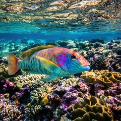 Fototapeta premium Explore Vibrant Coral Reef: Underwater Photography of Marine Life and Colorful Tropical Fish