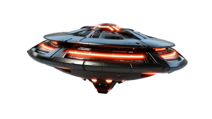 Advanced Futuristic UFO Spaceship with Red Glowing Lights and Metallic Design Isolated on White Background, Sci-Fi Alien Technology Concept