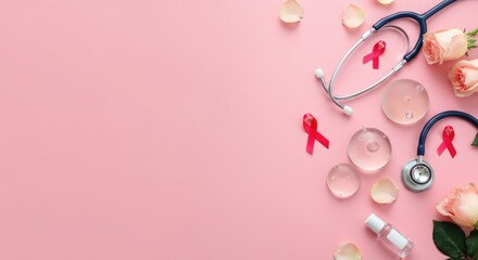 Breast cancer awareness with ribbon, stethoscope, roses, petals on pink background