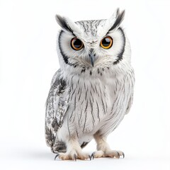 Naklejka premium A close-up of an owl, isolated on a white background, showcasing its intense gaze and detailed feathers, highlighting the beauty of this majestic bird of prey.