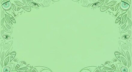 Obraz premium Green abstract frame with eye and leaf designs in corners
