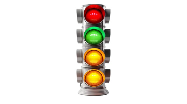 Traffic Light with Red, Yellow, and Green Signals Isolated on White Background, Road Safety and Transportation Concept