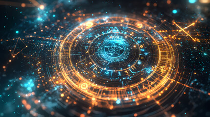 Holographic zodiac symbols arranged in a celestial astrological mandala. Holographic Sacred Symbols. Illustration