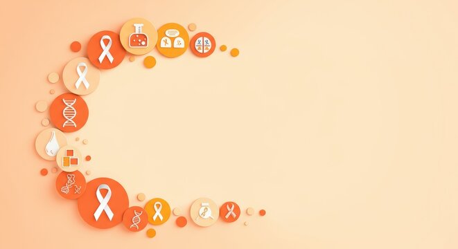 Orange theme with ribbons and health icons symbolizing cancer awareness