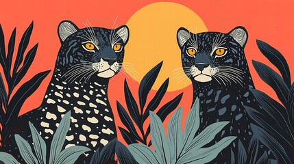 Obraz premium Vibrant jungle scene two majestic jaguars tropical forest illustration bold colors nature wildlife