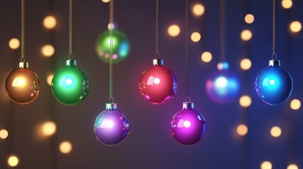 Fototapeta premium Colorful hanging christmas ornaments against a warm holiday light background