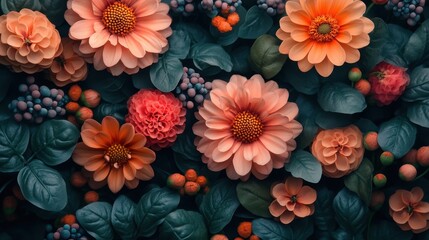 Vibrant close-up of orange and pink flowers with green leaves in a garden setting