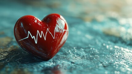 Fototapeta premium Glossy red heart with ecg line on light blue background