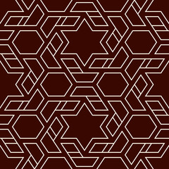 Oriental ancient mosaic seamless pattern. Arabesque ornament. Repeated geometric figures, hexagon, star motif surface print. Ornamental wallpaper. Geo design digital paper. Vector abstract background