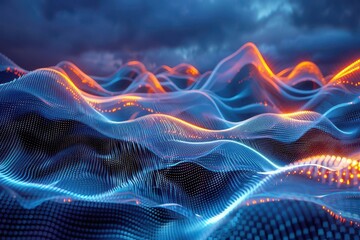 Obraz premium Digital waves of light and color create a stunning abstract landscape during twilight hours in a virtual realm