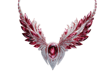 Exquisite necklace featuring vibrant red gemstones and intricate wing designs in soft lighting isolated on transparent background