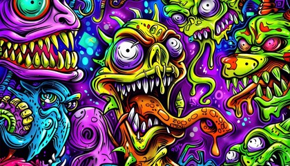 Obraz premium Colorful vibrant illustration of screaming, scary monsters crowd, a vivid backdrop
