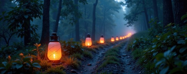 Flickering lanterns on a misty trail, lanterns, eerie, mystical