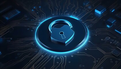 Minimalistic cybersecurity concept: a glowing blue padlock icon on a sleek, dark circuit board.
