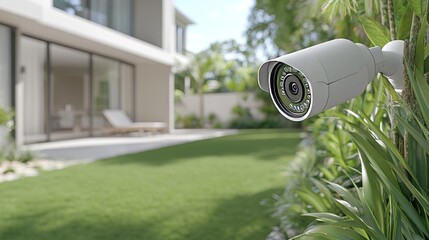 Close-up of a modern outdoor home security camera, showcasing advanced surveillance technology for safety, monitoring, and protection.