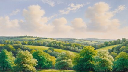 Obraz premium A picturesque view of lush green hills with soft clouds overhead.
