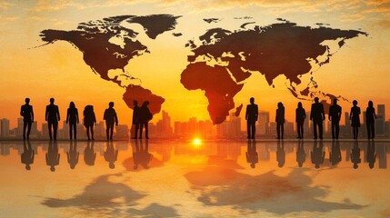Double exposure of a business team and a world map, overlaying a city skyline at sunset, symbolizing global networking, teamwork, and corporate connections.