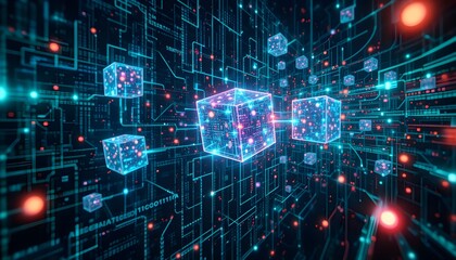 Obraz premium Big Data Visualization with Floating Neon Cubes