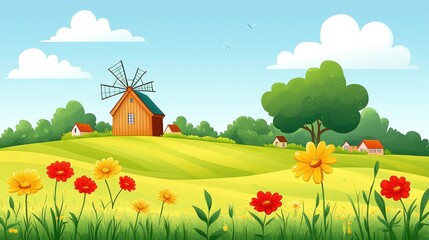 Breezy day in a colorful flower field with a windmill countryside digital art scenic vibrant landscape