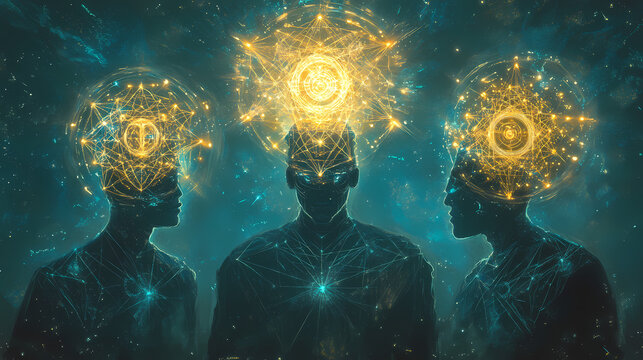 futuristic being cloaked in sacred geometry symbols, cyber-aura pulsating with bioluminescent glow, a visual fusion of ancient mysticism and modernity. Holographic Sacred Symbols. Illustration