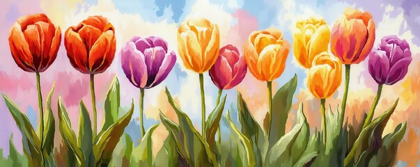 Fototapeta premium Colorful tulip field in bloom with vibrant red, purple, and yellow flowers against a blue sky