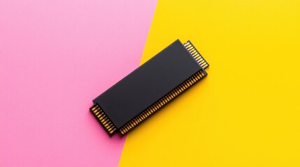Minimalist layout of a black microcontroller on a clean, bold color backdrop.