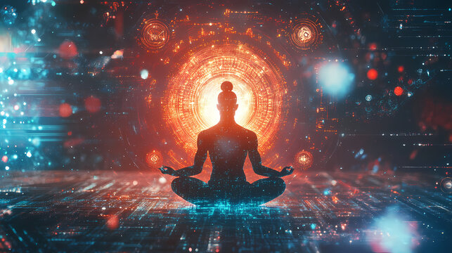 A futuristic depiction of brahma with glowing symbols and holographic projections of sacred texts, blending spirituality and technology. Holographic Sacred Symbols. Illustration