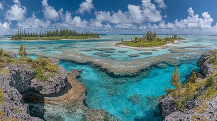 Panoramic view of a tropical island with turquoise clear water, white sandy beach, and vibrant coral reef under a bright sunny sky, paradise vacation concept.