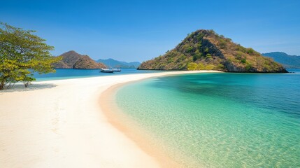 Fototapeta premium Panoramic view of a tropical island with turquoise clear water, white sandy beach, and vibrant coral reef under a bright sunny sky, paradise vacation concept.
