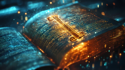 Ancient illuminated manuscript transforming into holographic ar display sacred text glowing with divine light. Holographic Sacred Symbols. Illustration