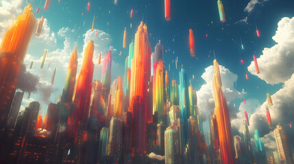 Skyward Cityscape: An abstract and imaginative cityscape comprised of colorful, towering structures reaching toward a dynamic, cloudy sky, symbolizing progress and innovation.