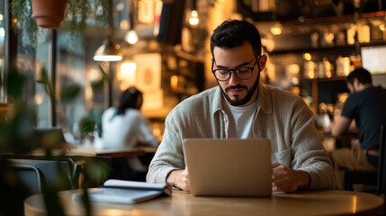 Fototapeta premium Freelancer working on a project in a coworking space. He's reading news online while having coffee. Or a student studying online.