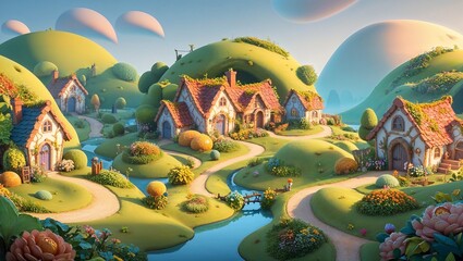 A whimsical village scene set amidst lush rolling green hills.