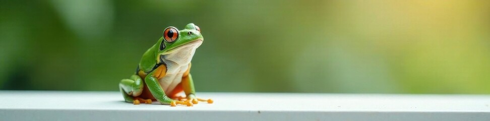 Obraz premium Frog sitting on a white panel, looking up with a surprised expression, amphibian, surprise